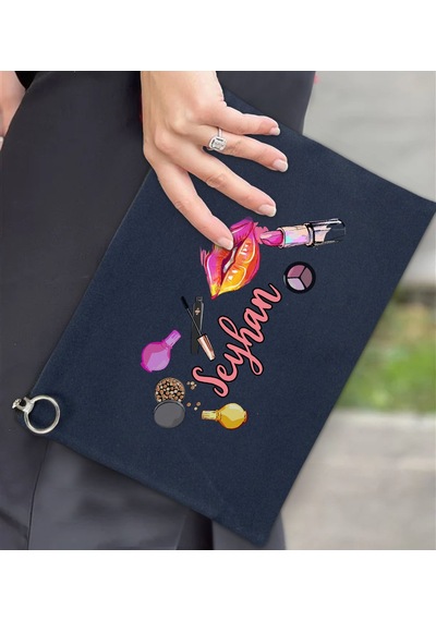 Bk Gift Kişiye Özel İsimli-4 Astarlı Lacivert Portföy Çanta 30x21cm, Baskılı El Çantası, Organizer Çanta