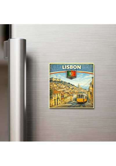 Retro Portekiz Lizbon Şehri Temalı Vintage Buzdolap Magneti 9x9 Cm