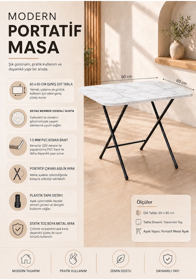 Katlanır Masa 60x90 Cm Yemek Masası Balkon Masası Beyaz Mermer