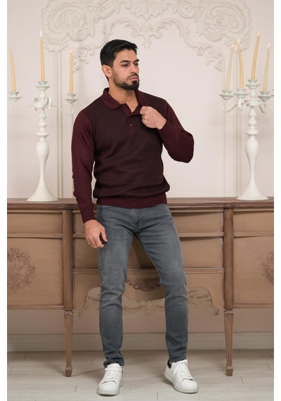 Woolen World Polo Yaka Armürlü Yünlü Erkek Triko Kazak Bordo