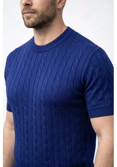 Veraura Lifestyle Erkek Yazlık Triko Dokuma Tişört Kısa Kol Bisiklet Yaka Örgü Desenli T-shirt - Lacivert