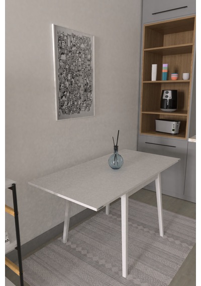 Vilinze Avanos Ahşap Katlanır Kanatlı Mdf Mutfak Masası - 70x70+70 70x140 Cm Beyaz