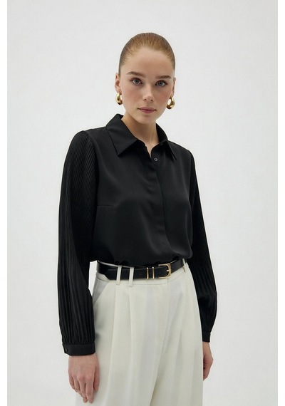 Sateen Plise Kollu Gömlek - Siyah-137085 Siyah