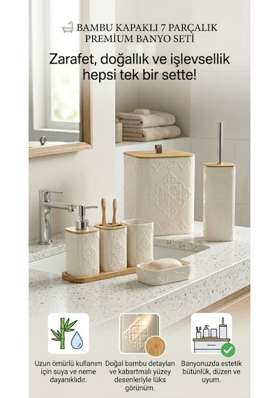 Makri Home 7 Parça Desenli Kare Bambu Kapaklı Beyaz Banyo Seti, Hacim: 8 Litre Beyaz