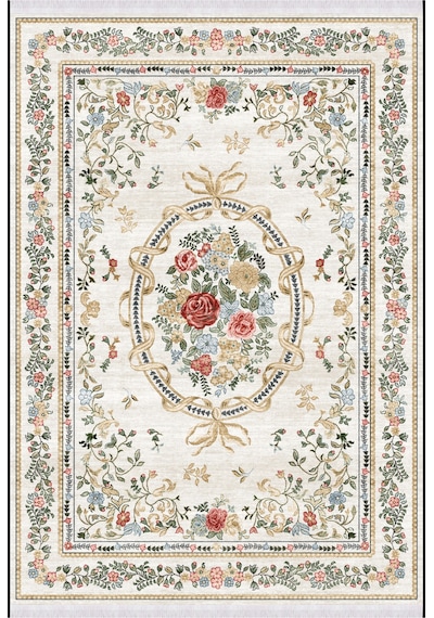 Vintage Gül Desenli Krem Fransız Klasik Şık Salon Oturma Odası Yıkanabilir Kaymaz Taban Kilim Krem Krem