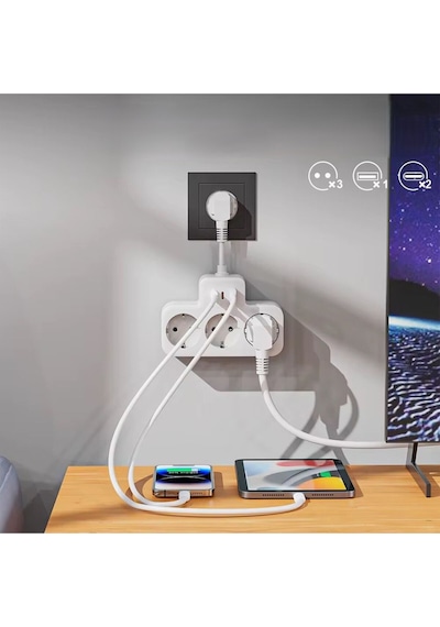 Çoklu Kablolu Priz Yüksek Gerilim Korumalı 3'lü Priz 1x Usb 2x Type-c Çıkışlı Grup Priz Çoğaltıcı 2 M