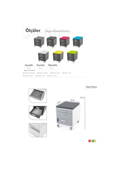 Creo Mobili Çekmeceli Kilitli Tekerlekli Vega Keson, Oturulabilir Ofis Ve Ev Komodini Antrasit/beyaz