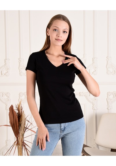 Kadın Siyah V Yaka Kısa Kol Tshirt Siyah