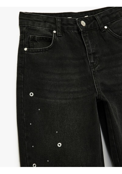 Koton Pamuklu Loose Fit Zımba Detaylı Geniş Paça Denim Pantolon Siyah 6wkg40073ad