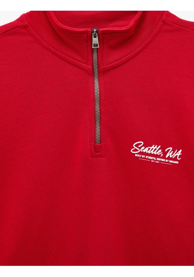 Koton Pamuklu Uzun Kollu Baskılı Yarım Fermuarlı Sweatshirt Kırmızı 7wam70062mk
