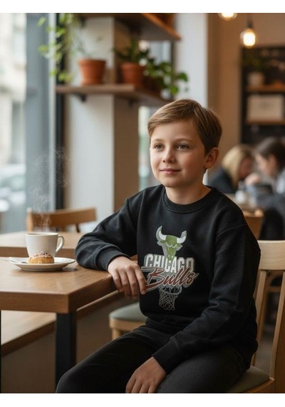 Zekids Erkek Çocuk Chicago Bulls Yazılı Tasarım Sweatshirt-16396 Siyah