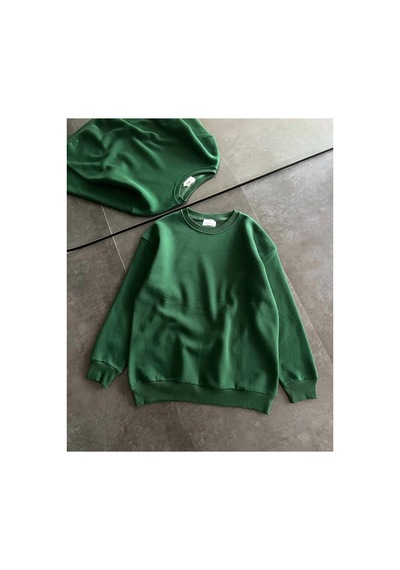 Kadın Kışlık Bisiklet Yaka Üç İplik Basic Sweatshirt - Haki