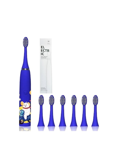 Sonic Pille Çalışan Karikatür Desenli Diş Fırçası 6 Yedek Başlık Su Geçirmez Yumuşak Fırça Lacivert
