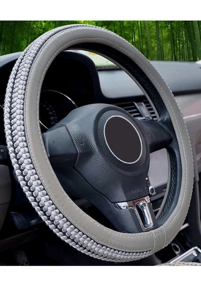 Geçmeli Direksiyon Kılıfı Hasır Örgülü Oto Direksiyon Kılıfı 37-38cm Gri