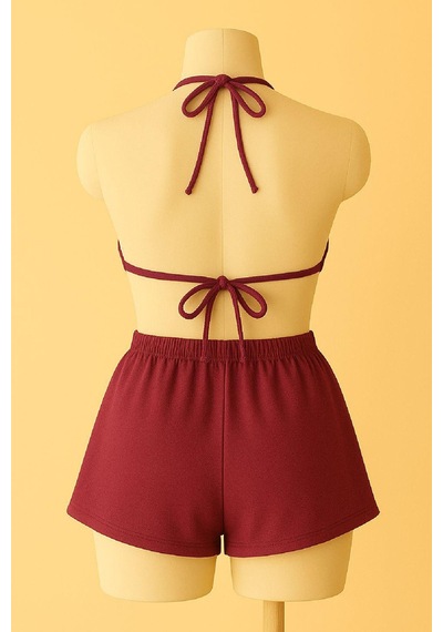 Angbutik Kadın Bordo Şortlu Belden Ve Boyundan Bağlamalı Bikini Takımı