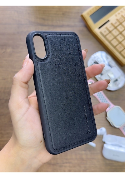 Apple iPhone X Uyumlu Premium Deri Dokulu Darbelere Karşı Dayanıklı Nazal Silikon Kılıf Siyah