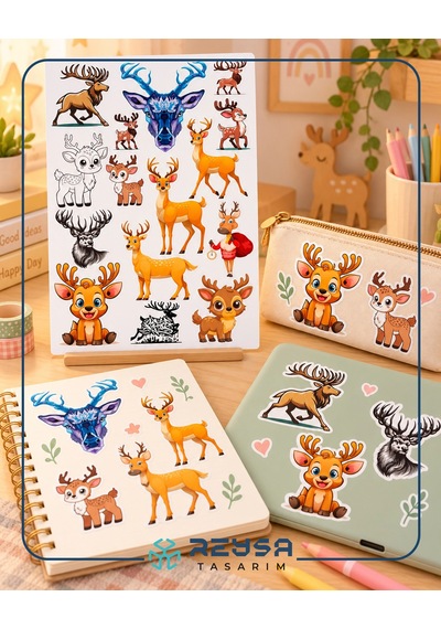Geyik Sticker Set A5 Sevimli Geyik Telefon, Tablet, Defter Ve Laptop Sticker Seti Folyo Baskı