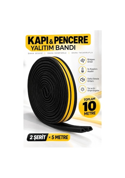 Siyah Kapı Pencere Yalıtım Bandı 10 Metre, Kendinden Yapışkanlı Çift Kanallı Pvc İzolasyon Fitili, R