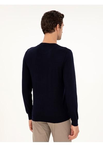 Cacharel Lacivert Slim Fit Bisiklet Yaka Yün Triko Kazak