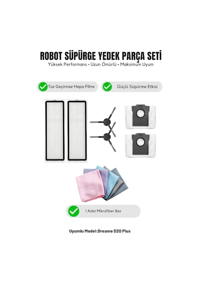 Dreame D20 Plus İle Uyumlu 2 Yan Fırça 2 Filtre 2 Toz Torbası 1 Temizlik Bezi 13.0