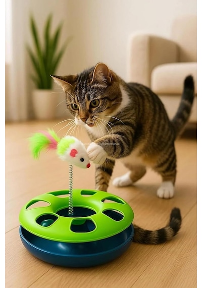 Tineke Çıngarak Toplu Yaylı Fareli Kedi Çember Oyuncağı Eğlence Aksesuarı Kedi Oyun Çemberi Yeşil