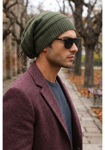 Ritagarcia Unisex Arkası İpli Büzgülü Triko Bere Kışlık Dökümlü Slouchy Beanie Bere Haki