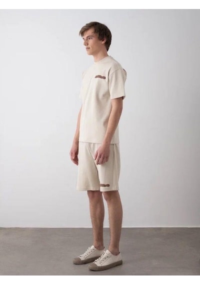 Erkek Çocuk Sırt Baskılı Pamuklu Oversize T-shirt Şort Takım-15798 Bej