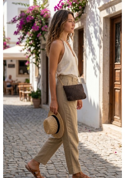 Vivazzaluxe Vintage Model Örgü Orta Boy Kadın Yazlık Portföy Clutch Çanta Acı Kahverengi