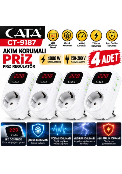 4000w Akım Korumalı Led Göstergeli Priz 4 Adet Kompakt Tasarım İle Güvenli Kullanım Kablosuz