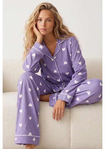 Siyah İnci Düğmeli Biyeli Oversize Pamuklu Örme Pijama Takım 8071 Lila Ekru Siyah İnci Düğmeli Biyeli Oversize Pamuklu Örme Pijama Takım 8071 Lila Ekru