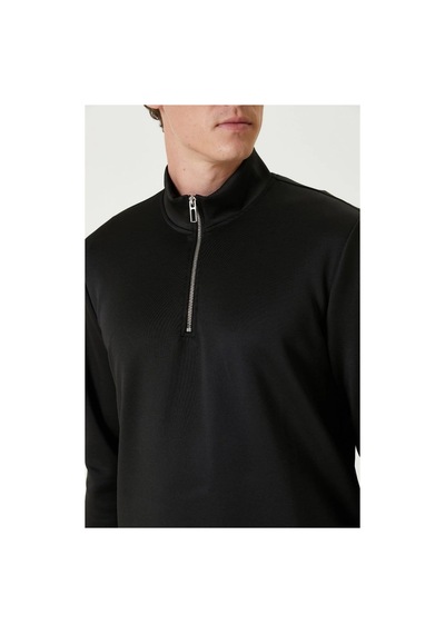 Erkek 3 İplik Pamuklu Uzun Kol Yarım Farmuarlı Yakalı Sweatshirt - Siyah