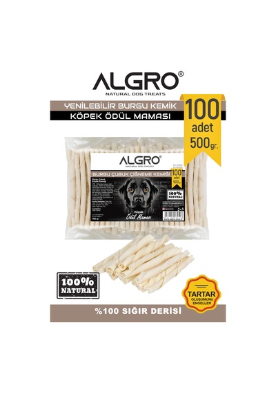 Algro Sığır Derisi Burgu Çubuk Köpek Ödülü 100 Adet 500 G