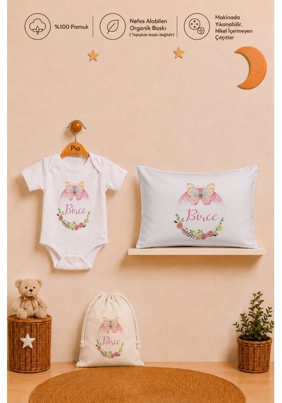 Pia Baby İsme Özel Kız Bebek Hediyesi %100 Pamuk Organik Baskılı Body Yastık Kılıfı Ve Ham Bez Kıyafet Kesesi 1034bykyx Ekru