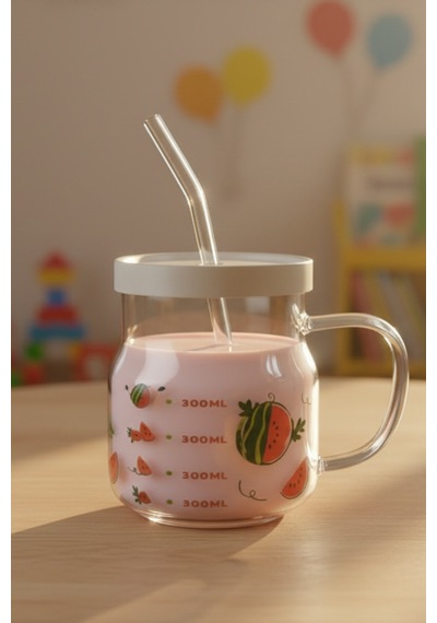 Karpuz Desenli Cam Pipetli Borosilikat Cam Kupa 610 Ml Beyaz