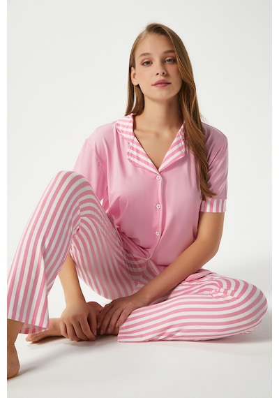 Ritnice Kadın Elena Yumuşak Doku Pembe Çizgili Ön Düğme Kısa Kollu Pijama Takımı