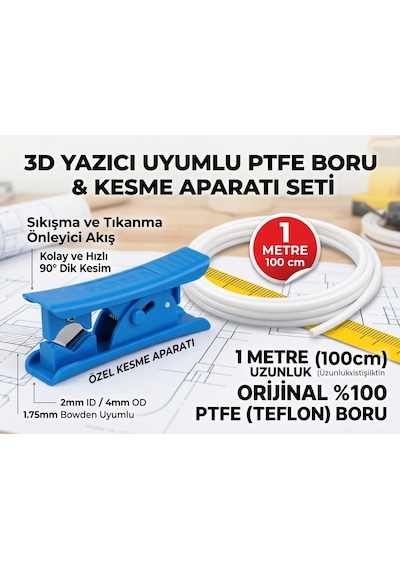 3dsway Ptfe Bowden Boru 1.75mm Id 2mm Od 4mm Beyaz 1 Metre Kesici Kiti 3d Yazıcı Ekstruder Teflon Filament Besleme Hattı