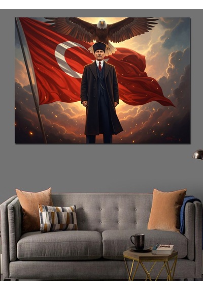 Bayrak Önünde Atatürk Ve Kartal Dekoratif Kanvas - Mdf Ahşap Tablo