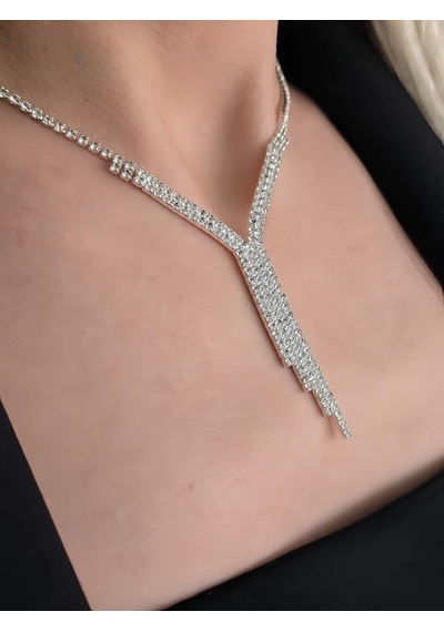 Eva Takı Store Kristal Taşlı Su Yolu Sarkıt Model Yılbaşı - Abiye - Düğün -event Kolye Küpe Set Silver Gümüş