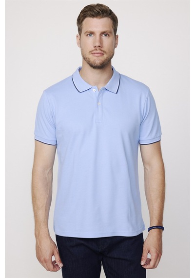Tudors Erkek Slim Fit Dar Kesim %100 Pamuk Düz Pike Kol Şeritli Mavi Polo Yaka Tişört-27646 Mavi