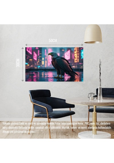 Kartal Siberpunk Dünyasında Görkemli Bir Şekilde 02 Çerçevesiz 50x30 Cm Pvc Tablo
