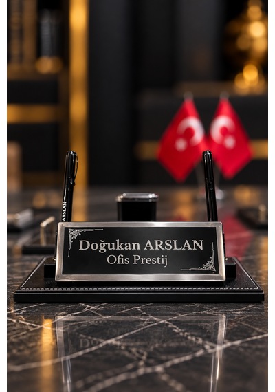 13 Parça Masa İsimlik Seti Kişiye Özel Çift Kalemli Newton Denge Toplu Ofis Sümen Takımı Siyah