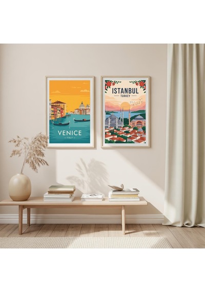 Venedik Gondol Kanalı Baskısı: Minimalist İtalya Seyahat Posteri