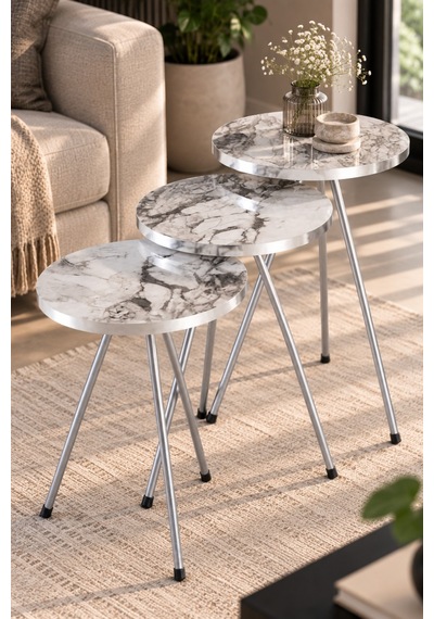 Sulorahome Gümüş Metal Ayaklı Mermer Desenli 3'lü Zigon Sehpa Takımı Beyaz - Ceviz