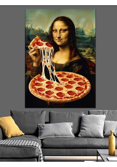 Pizza Yiyen Mona Lisa Portresi Dekoratif Kanvas - Mdf Ahşap Tablo