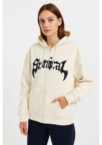 Barlashive Kadın Kapüşonlu 3 İplik Pamuklu Önü Baskılı Fermuarlı Oversize Hoodie Sweatshirt - Beyaz Çok Renkli