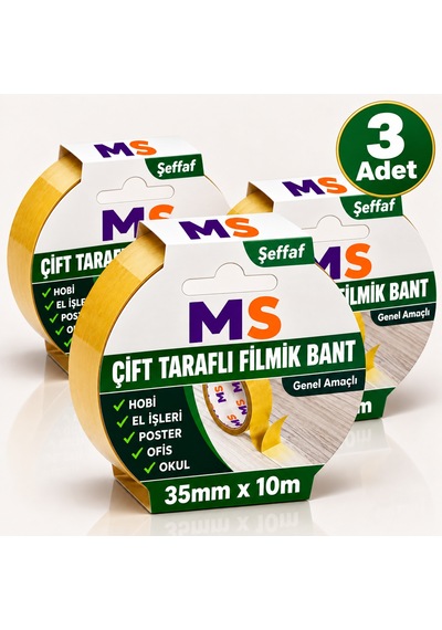 3 Adet Çift Taraflı Filmik Şeffaf Bant 35 Mm X 10 Metre Yapışkanlı Hobi Bandı El Çok Amaçlı Bantları