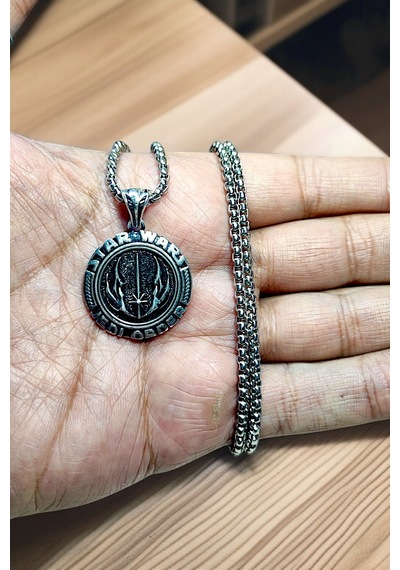 Gümüş Kaplama K-168 Krom Bronz - Çelik Erkek Kolye Madalyon Star Wars Jedi Order Gri