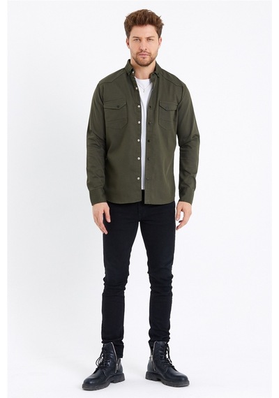 Cool Tarz Erkek Haki Çift Cepli Çıt Çıt Düğmeli Slim Fit Kot Gömlek-tcktgmlkr05s Haki Haki