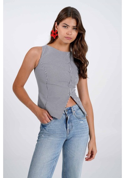 Thalure Kadın Siyah Pötikare Kruvaze Slim Fit Yelek