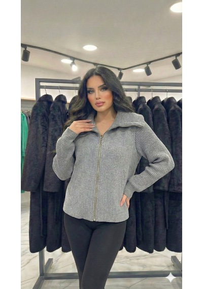 Ribana Classic Kadın Yaka Detaylı Astarlı Slim Fit Kısa Mont Gri